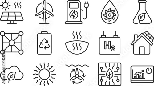 Renewable energy and green technology icon set featuring solar power, wind turbine, EV charging, hydrogen fuel cell, smart grid, and sustainable ecology symbols for clean energy industry