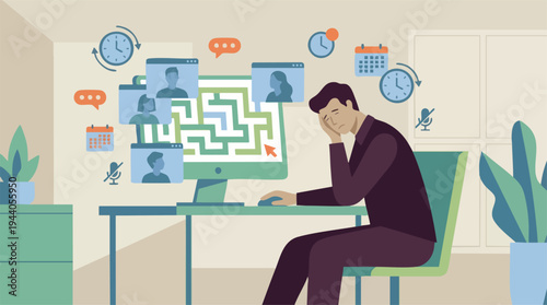A stressed man overwhelmed by remote work, virtual meetings, and complex tasks on his computer.