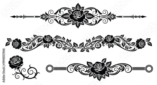 Elegant black and white decorative floral border designs with roses and swirls Vector