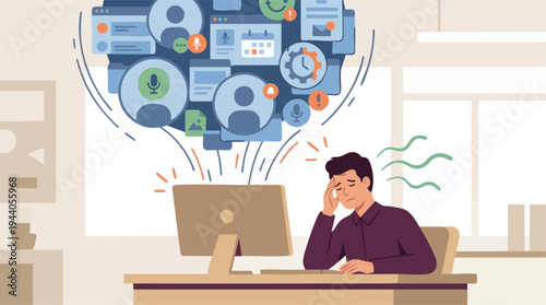 A man overwhelmed by digital information and tasks on his computer, experiencing work-related stress and burnout.