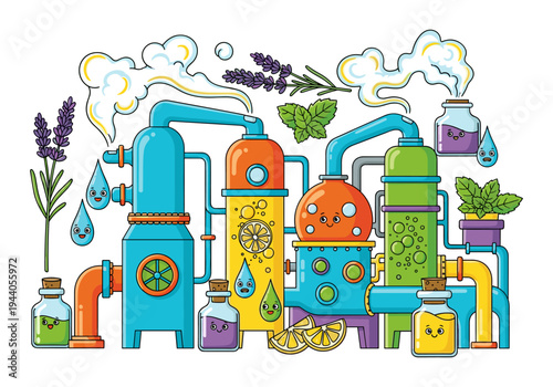 Cute cartoon distillation apparatus for essential oils with lavender, mint, and lemon