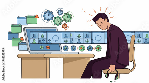 Stressed man overwhelmed by numerous virtual meetings and tasks on his computer, experiencing burnout.