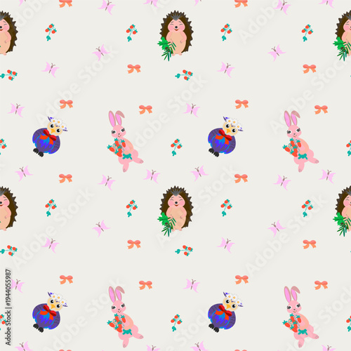 Cute seamless vector pattern with smiling hedgehogs holding green leaves, pink bunnies with strawberries, blue owls