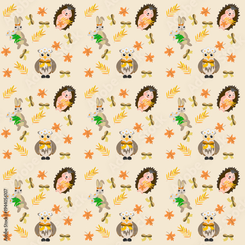 Cute seamless autumn vector pattern with smiling hedgehogs, bunnies with daisy bouquets, owls in daisy crowns