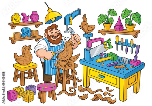 Happy woodworker carving a wooden bird with tools and plants in his workshop
