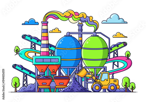 Colorful industrial factory with conveyor belts, silos, and a bulldozer loading material