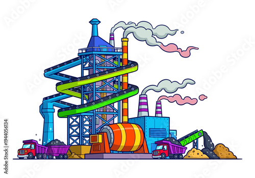 Cartoon industrial factory with conveyor belts and trucks processing materials