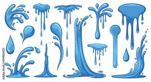 Creative illustrations of dynamic blue water splashes and drips in various styles Vector