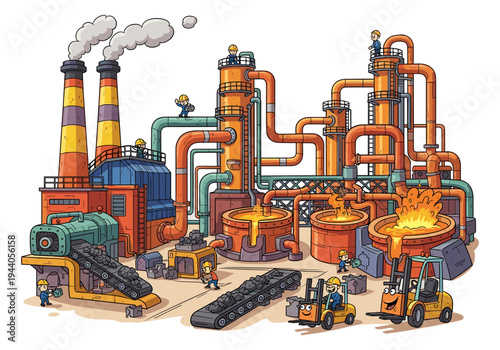 Cartoon industrial factory with workers, conveyor belts, and molten metal