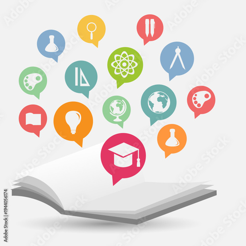 Open book with colorful education icons in speech bubbles, learning concept for school, online courses, science and creativity, isolated on white background