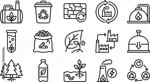 Set of Green Energy and Recycling Line Icons for Circular Economy, Sustainability, Eco-friendly Industry, Waste Management, Biofuel, and Environmental Protection Vector Illustrations