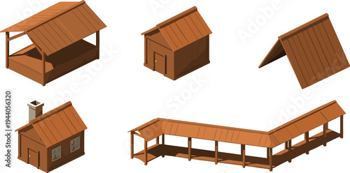 Wooden barn and shed structures vector set, rustic farm buildings, stable shelter and rural house isolated flat illustration collection