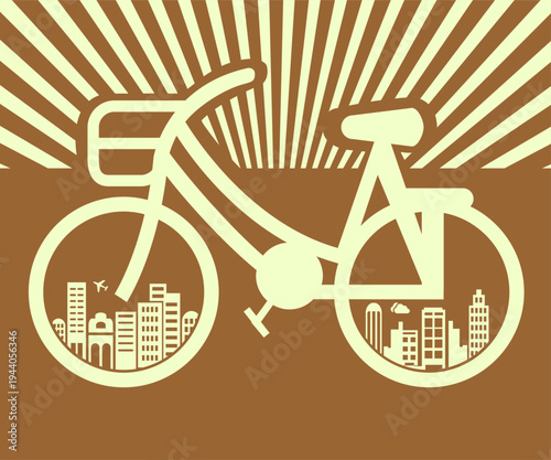 Retro bicycle silhouette with city skyline inside wheels and sunburst rays, vintage urban cycling poster background in brown and cream tones