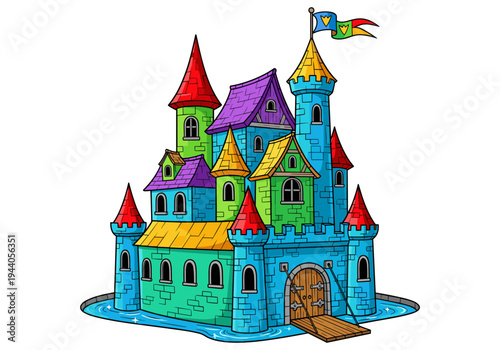 Colorful cartoon fairytale castle with towers, flags, and a drawbridge over water