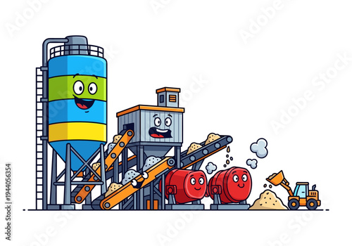 Cute cartoon concrete batching plant with happy faces working together on construction site