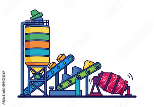 Colorful cartoon illustration of a concrete batching plant with conveyor belts and mixer