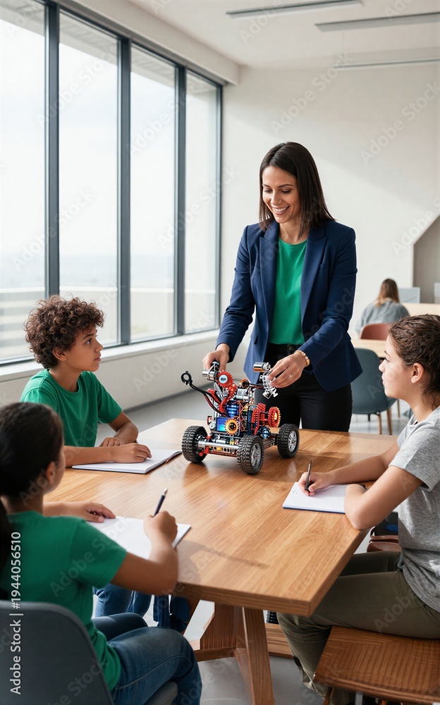 Fototapeta premium Young Teacher Demonstrating Robotics To Students