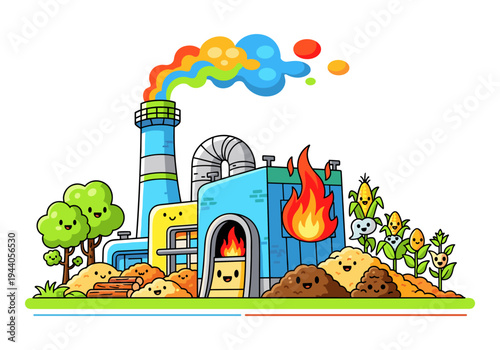 Cute cartoon factory processing biomass into colorful energy with happy plants and trees