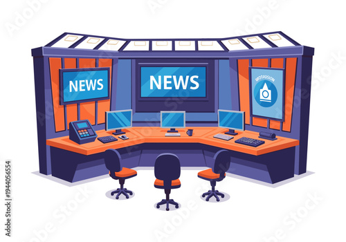 Modern news studio desk with multiple monitors and chairs, ready for broadcast