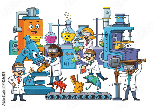 Children in a colorful cartoon laboratory conducting fun science experiments with funny machines