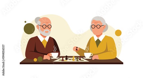 An elderly couple wearing glasses enjoys a strategic game of chess while drinking hot beverages from white cups in a flat vector illustration.
