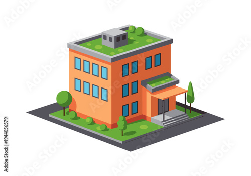 Isometric orange building with green roof and trees on white background