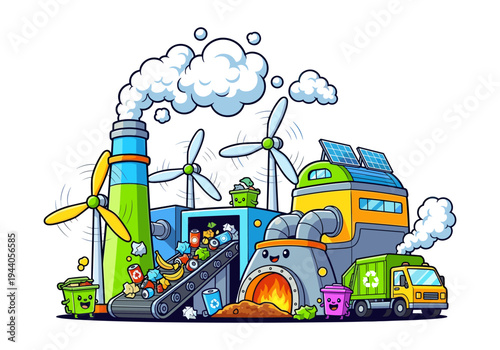 Cute cartoon recycling plant with wind turbines and solar panels, promoting eco-friendly energy and waste management