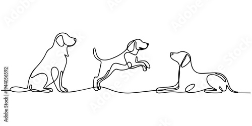 A set of dogs of different breeds in full height, guard dog, service dog, companion dog one line art. Continuous line drawing of friend, dog, doggy, friendship, care, pet, animal, family, canine.