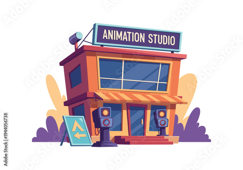Cartoon animation studio building exterior with signage and decorative elements