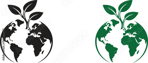 Earth Globe with Growing Leaves Vector Icon, Eco Friendly Planet and Environmental Sustainability Concept