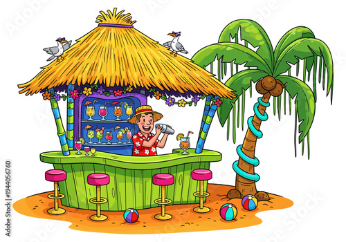 Cartoon bartender making cocktails at a tropical beach bar with palm trees and seagulls