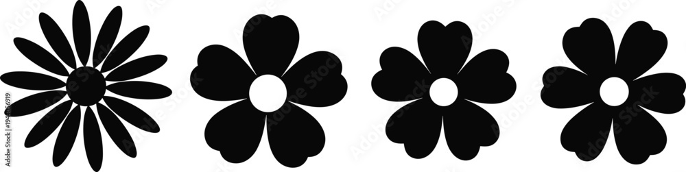 Fototapeta premium Black and white flower silhouettes, minimalist floral vector icons, daisy and cherry blossom outlines, decorative nature elements for graphic design projects.