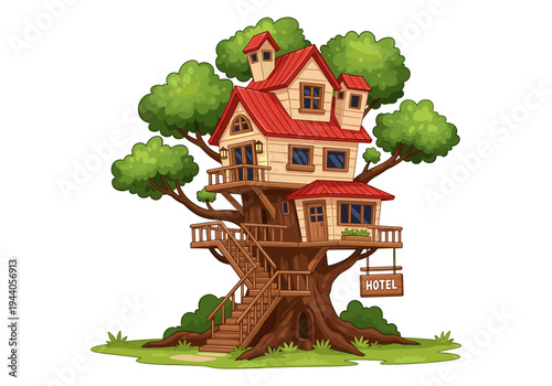 Whimsical cartoon treehouse hotel with red roof and wooden stairs on a white background