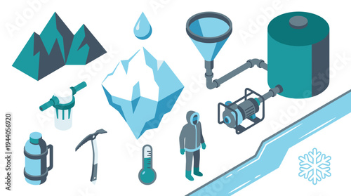 An isometric icon set for water resources and cold climates, with an iceberg, mountains, a water pump, and winter equipment.