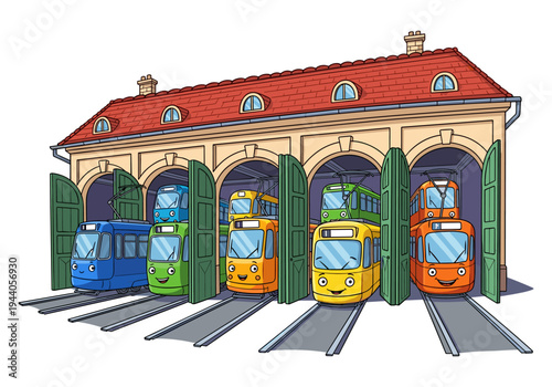 Cute cartoon trams parked in a colorful depot with open doors and smiling faces