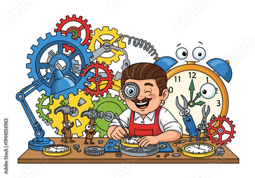 Cartoon watchmaker with magnifying glass and tools working on clockwork gears and alarm clock