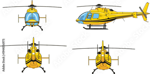 Yellow helicopter vector illustration with front, side, top and rear views, modern rotor aircraft isolated for aviation transport design
