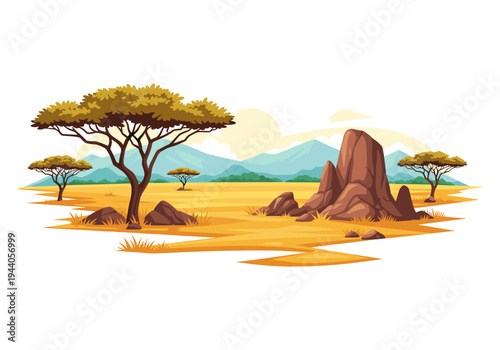Vibrant African savanna landscape with acacia trees and rocky outcrops under a hazy sun