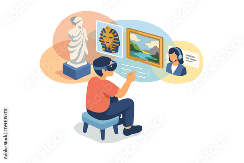 Person experiencing virtual reality art museum tour with headset.