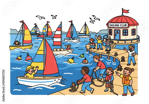 Children and adults enjoy a sunny day at the sailing club with boats on the water