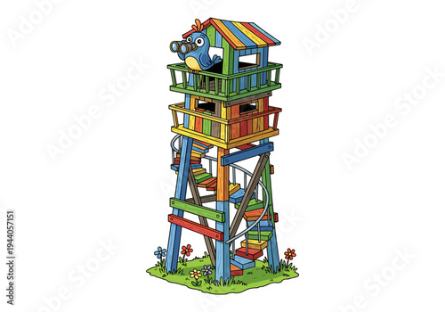 Cute cartoon bird with binoculars in a colorful wooden observation tower