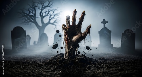 Horror zombie hand emerges from grave in misty graveyard at night, symbol of death and undead awakening
