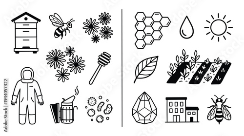 A collection of sixteen black outline icons related to beekeeping and honey production, presented in a clean, minimalist line art style against a white background.