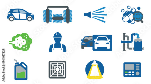 A set of twelve colorful flat icons representing car wash and automotive maintenance services, including vehicles, equipment, and industrial elements on a white background.