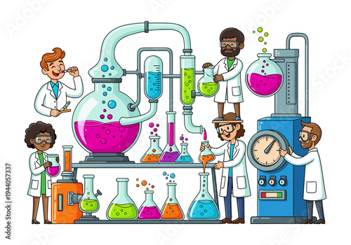 Diverse scientists conduct experiments with colorful liquids in a vibrant laboratory setting