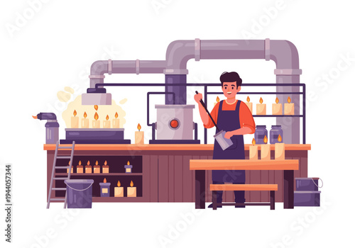 Candle making process in a small workshop with a happy craftsman at work