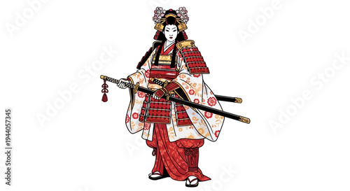 Vector Illustration of a Traditional Japanese Warrior Woman with Swords, Abstract Colorful Modern Digital Art Background