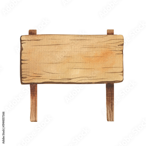 Hand-drawn watercolor illustration of a rectangular sign on two wooden plank posts. Information board with blank space.
