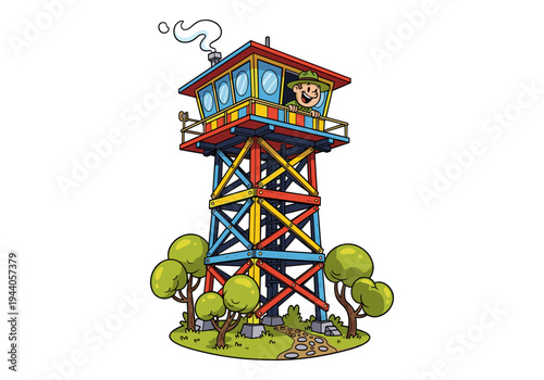 Cartoon park ranger happily observing from a colorful lookout tower surrounded by trees