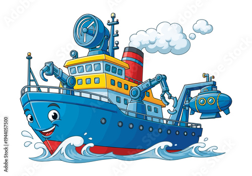 Happy cartoon research vessel with a submarine and robotic arms exploring the ocean
